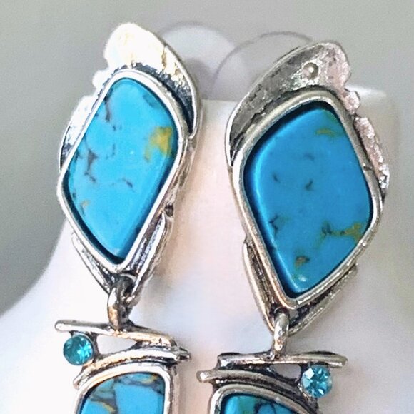 1 1/2"L Freeform Artsy Hinged Turquoise Stone Rhinestone Dangle Earrings New - Picture 2 of 4